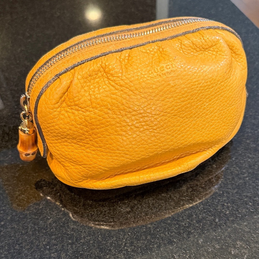 AUTHENTIC Gucci Yellow Pebbled Leather Cosmetic Case with Wood Zipper Pull